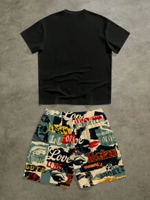 Manfinity ZONE917 Men's Vintage Portrait Graphic T-Shirt Set, Relax Letter Design, Men's Summer Outfit - Multicolor - View 2