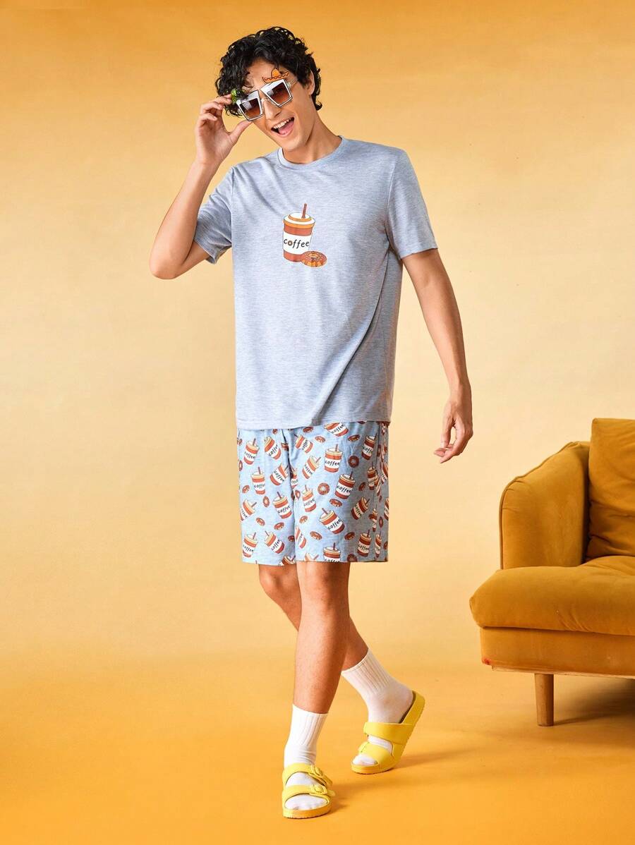 Conjunto de ropa informal para hombre con impresión de café, manga corta y pantalones cortos para estar en casa