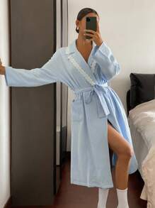 DAZY Contrast Trim Textured Chiffon Fabric Women Sleepwear Robe, Fall Pajama, Winter - Baby Blue - View 4