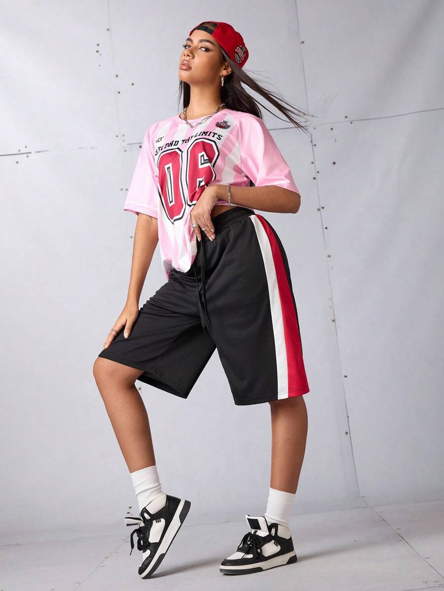 Streetz SHEIN Sport 女士运动短裤,返校装,毕业典礼,返校,女士休闲运动短裤,夏季街头风格,日常穿着的松紧腰短裤,拳击百慕大短裤,黑色和红色短裤,百慕大短裤,篮球短裤,网眼运动服,运动服,健身,健身房,网球,匹克球,Y2k Active,健身,健身房,Padel,网球,匹克球 - 黑色 - 查看 1