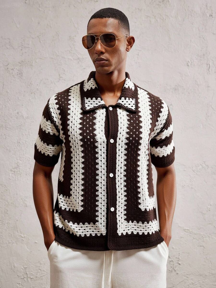 AKNOTIC Men's Hollow Out Design Striped Single-Breasted Loose Casual Knit Top - Multicolor - View 1