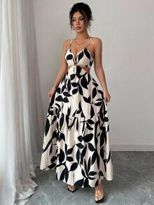 SHEIN PETITE 女士新款镂空蝴蝶结印花长裙，度假风格 - 杏色 - 查看 4