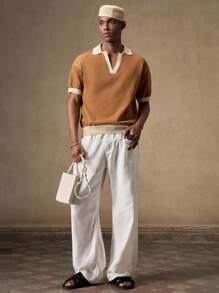 AKNOTIC Men's Casual Polo Collar Short Sleeve Knit Top - Apricot - View 2