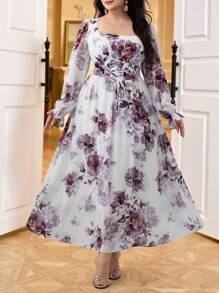 Modelyn Plus Size Elegant Floral Print Square Neck Waist Cinching Midi Dress - Multicolor - View 2
