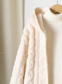 Sparklyn 青少年女孩休闲百搭百搭家居服和学校日常粗针织条纹毛绒领前开中长款秋冬夹克秋季 - 杏色 - 查看 9