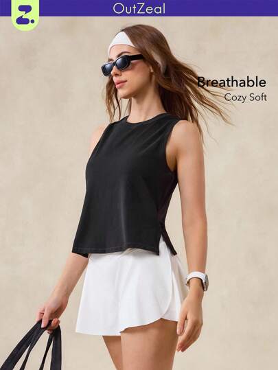 OutZeal 女士运动黑色背心，日常健身穿着，柔软莫代尔混纺面料，弹力弧形下摆