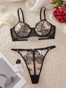 SHEIN Dragon Embroidery Print Sheer Lingerie Set, Mesh Lace Bralette And Panty 2 Piece Underwear Set Lace Bra Set Elegant Lingerie Set Dragon Lingerie Set - Black - View 1