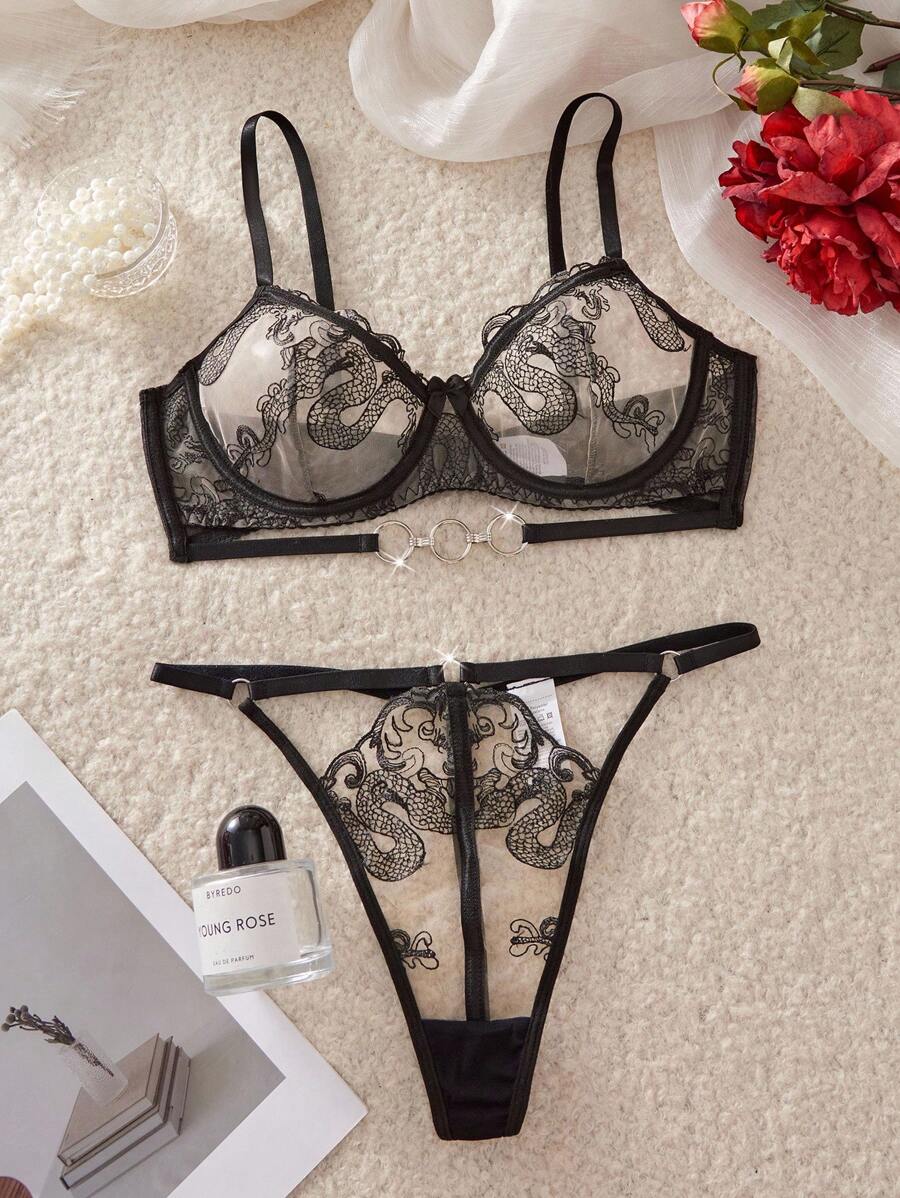 SHEIN Dragon Embroidery Print Sheer Lingerie Set, Mesh Lace Bralette And Panty 2 Piece Underwear Set Lace Bra Set Elegant Lingerie Set Dragon Lingerie Set - Black - View 1