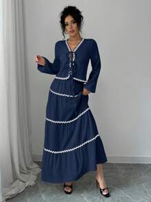 Rafferiza Women's French Elegant Lantern Sleeve Ruffle Trim Bowknot Blouse And Skirt 2 Pieces Set Fall Cloth For Women - Navy Blue - View 5