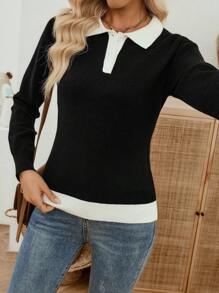 EMERY ROSE Áo len dệt kim dài tay cổ tròn màu trơn cổ polo thiết kế ngách đa năng cho nữ Áo len có cổ cho nữ Áo len chui đầu cho nữ Áo len polo dài tay cho nữ Áo len phong cách học sinh cho nữ Áo dài tay cho nữ vào mùa thu/đông - màu đen - Xem 9