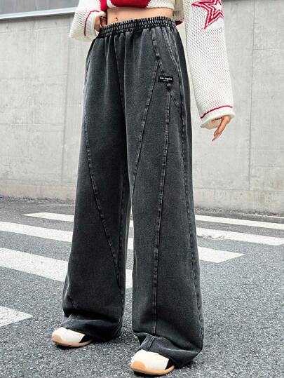 SHEIN Leap Crew 少女黑色针织雪花面料复古街头运动运动裤，适合春夏秋冬，适合运动、返校季、休闲家居服