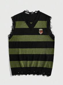 ROMWE MEN Prep 男士做旧撞色条纹针织背心 - 軍綠色 - 查看 1