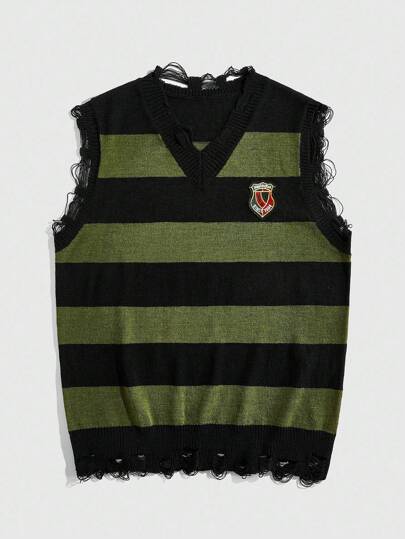 ROMWE MEN Prep Herrväst med slitna kontrastrandiga stickade mönster