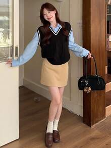 DAZY Women's Collegiate Style Casual Contrast Trim Knit Vest