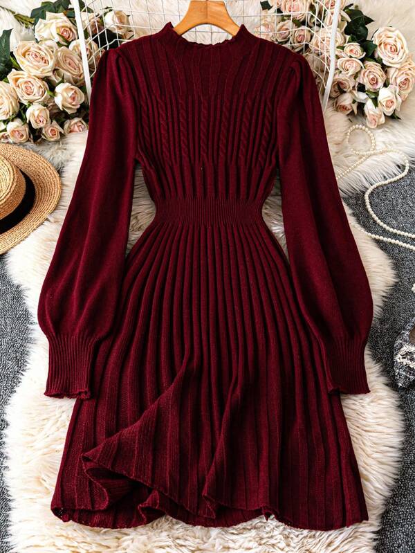 RosyDaze Mock Neck Lantern Sleeve Cable Knit Sweater Dress