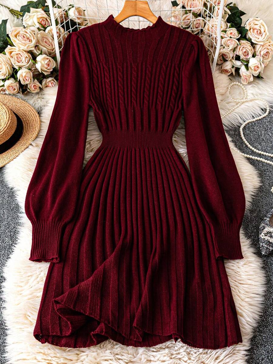 Franclia Mock Neck Lantern Sleeve Cable Knit Sweater Dress Fall Winter Cloth For Women - Burgundy - View 1