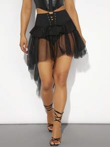 Hauture 性感系带荷叶边撞色网眼高低下摆短裙 - 黑色 - 查看 4