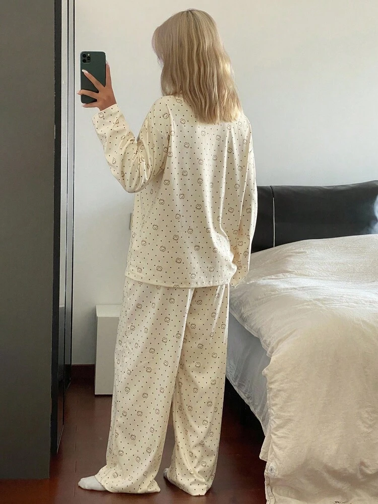 2pcs Women Loose Fit Cat Print Long Sleeve Top & Pants Pajama Set, Fall Clothes