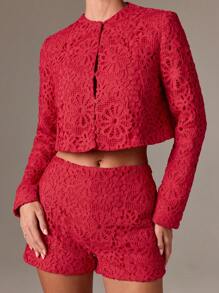 AiiRZ Crochet Lace Co Ord Set Floral Pattern Buttoned Crop Top High Waist Shorts Festival Summer Beach Party Occasion Two Piece Outfit - Red - View 6