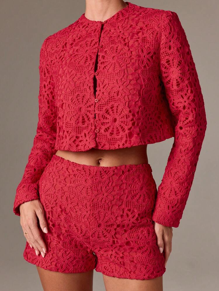Floral Crochet Lace Crop Top And Shorts Set