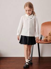 PrepCrw 年轻女孩学院风字母刺绣翻领前扣长袖衬衫 - 白色 - 查看 4