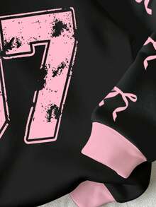 SHEIN Leap Crew 少女休闲时尚运动街头风，朋克风，07号针织休闲系带字母数字图案黑色宽松舒适卫衣，适合秋冬季少女穿着，秋季卫衣 - 彩色 - 查看 4