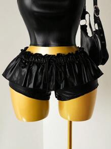 BamGleam Chic Autumn Summer Sexy Solid Color Ruffle Hem Mini Shorts - Black - View 5