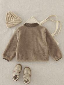 Playful Pals 1pc Boys' Jacket, Full Zip Closure, Contrast Corduroy Collar/Pockets, Reversible Sherpa Lining, Comfortable For Outdoor Activities And Casual Wear Fall Winter - Camel - View 2