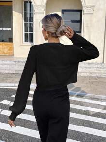 Serisse 秋冬纯色落肩纽扣短款开衫、长袖上衣、针织毛衣 - 黑色 - 查看 2