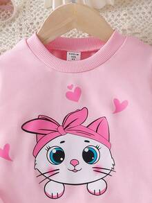 Elladie kids Young Girls Cute Everyday Outfit, Cat Print Headscarf, Round Neck Long Sleeve Grey Top, Pink Heart Print Black Pants, Children Autumn Casual Wear Fall Winter - Pink - View 6