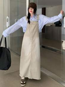 DAZY 女士休闲水洗毛边长款牛仔连衣裙 夏季女装 - 米色 - 查看 5