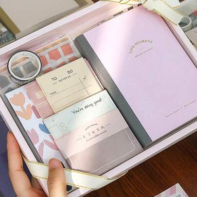 SHEIN 122pcs Material Bullet Journal Gift Box Pink A6 Journal Notebook Material Paper Stickers Tape Cute & Minimalist INS Style Bullet Journal Gift Box For Gifting
