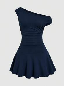 Sweetra 大码女式优雅不对称领纯色迷你连衣裙，适合通勤 - 藏蓝色 - 查看 1