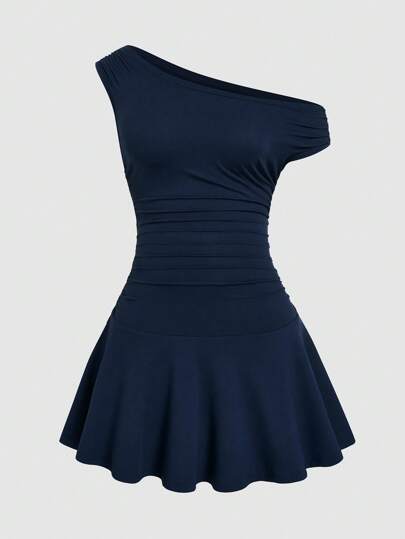 Sweetra 大码女式优雅不对称领纯色迷你连衣裙，适合通勤