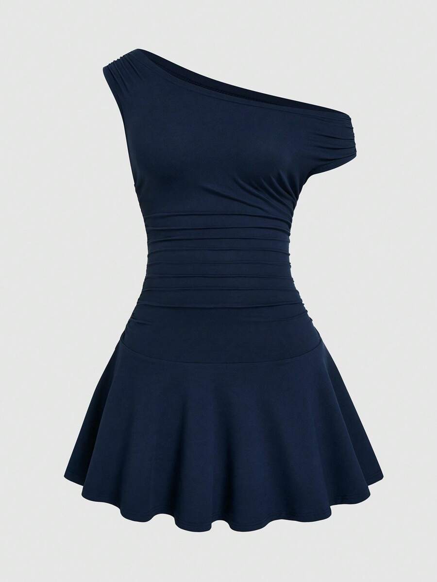 Sweetra 大码女式优雅不对称领纯色迷你连衣裙，适合通勤 - 藏蓝色 - 查看 1