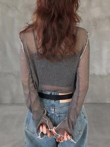 FRIFUL Women's Round Neck Long Sleeve Contrast Color Line Decor Loose Casual Sheer Mesh Fabric Layered Top, Autumn