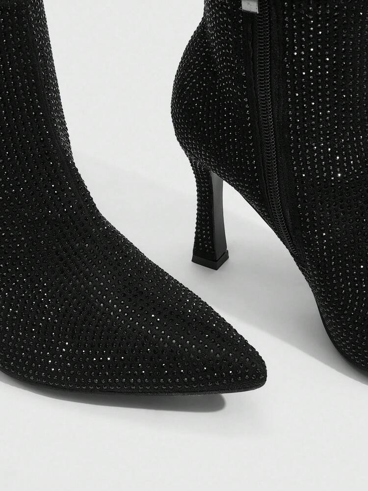 CUCCOO SZL Women's Fashion Pointed Toe Rhinestone Embellished Stiletto Heel Black Mid-Calf Boots, Elegant & Sexy For Party, Wedding, Event For Christmas Spring Shoes