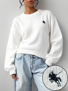 SHEIN BASICS 休閒極簡學院風復古刺繡馬標誌女款毛衣，適合秋冬，校園與辦公室穿搭上衣，白色與黑色 - 彩色 - 查看 3