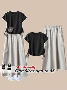 SHEIN CURVE+ Bộ 2 món POPSWAY cỡ lớn, thoải mái và dễ chịu, áo có dây rút nơ bên hông, chân váy có cạp chun và túi bên hông, thích hợp mặc hàng ngày, đi làm, trở lại trường, ngày lễ theo mùa - Nhiều màu - Xem 1