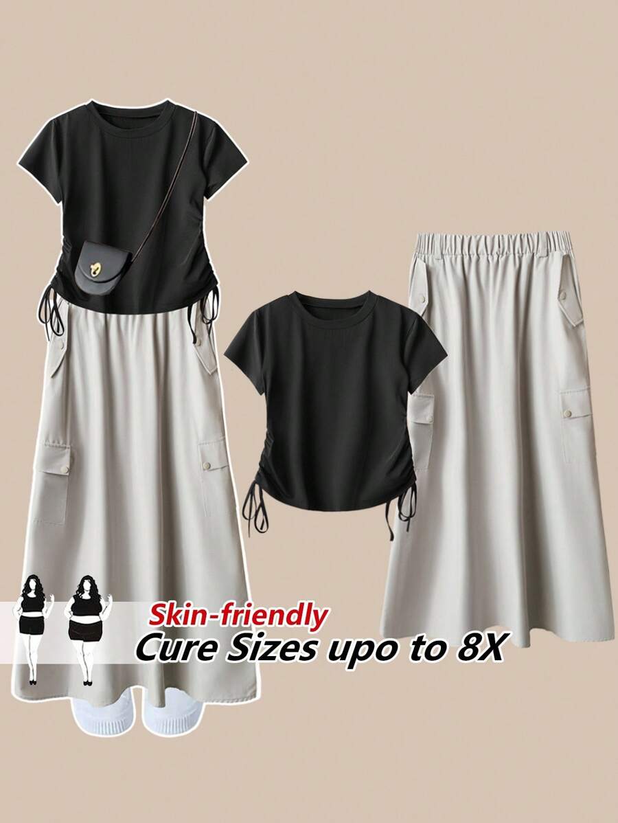 SHEIN CURVE+ Bộ 2 món POPSWAY cỡ lớn, thoải mái và dễ chịu, áo có dây rút nơ bên hông, chân váy có cạp chun và túi bên hông, thích hợp mặc hàng ngày, đi làm, trở lại trường, ngày lễ theo mùa - Nhiều màu - Xem 1