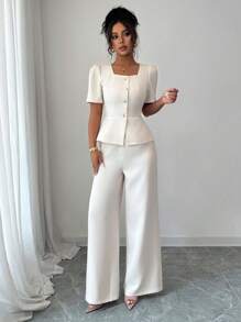 Elenzga 2 件套全新设计纽扣衬衫，腰部收紧，直筒长裤，女士服装，春夏毕业季 - 杏色 - 查看 5