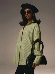 Athîral Women's Front Button Collar Long Sleeve Pink Striped Minimalist Blouse Valentine's Day Green