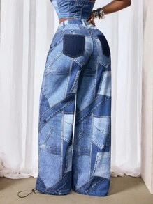 Slaydiva 女式休闲水洗抽绳下摆阔腿牛仔裤 - 藍色 - 查看 2