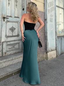 Jeta Ari Women Elegant Solid High Waist Solid Maxi Satin Skirt - Cadet Blue - View 3