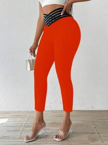 SHEIN Clasi Women's Contrast Color Criss-Cross Casual Pants - Burnt Orange - View 4