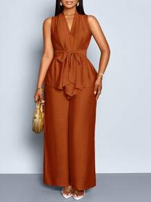 SOLERSUN Plus Size Summer Casual Commuter Solid Color Tank Top And Pants 2 Pieces Set - Rust Brown - View 4