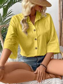 EMERY ROSE 女士简约纯色纽扣宽松袖口衬衫 女士休闲春季宽松纽扣衬衫 女士纽扣衬衫 女士夏季衬衫 亚麻纽扣衬衫 女士黄色亚麻衬衫 - 黃色 - 查看 6