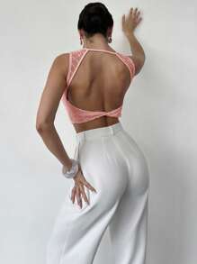 Firerie Women's Apricot Crew Neck Sleeveless Backless T-Shirt Top, Textured Fabric Top, Summer Top, Women's Casual Holiday Top