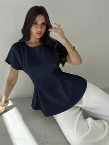 Firerie 女士新款优雅通勤度假复古风毕业季日常百搭杏色和藏蓝色竹纤维纹理圆领短袖褶皱腰部X形设计常规衬衫，适合度假、海滩穿着 - 藏蓝色 - 查看 7