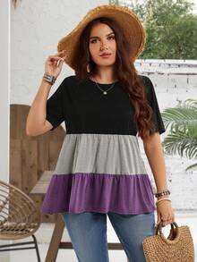 EMERY ROSE Damen Große Größen Farbblock Rundhals Kurzarm Rüschen Saum Lässig Tunika Tops für Frühling und Sommer Muttertag